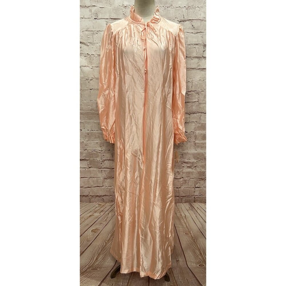 Vintage 1970s SEARS At Home Wear Pink Shiny Satin Zip Front Robe Mumu High Neck